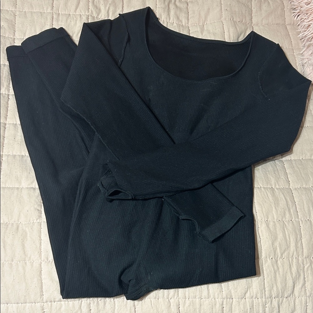 Black Ribbed Long Sleeve Top and Pants Set